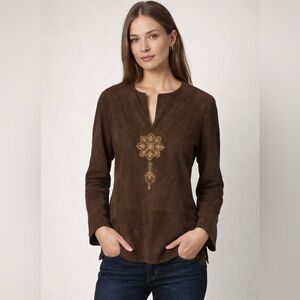 Armand Ventilo 100% Leather Brown Embroidered Top